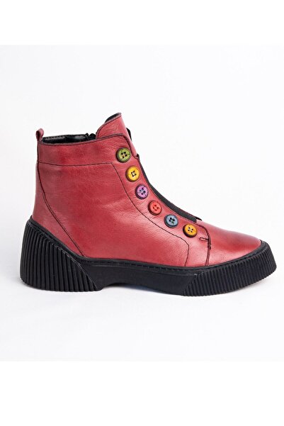 İNZE AYAKKABI Kırmızı Hakiki Deri Bot- Model Isim Kahlo