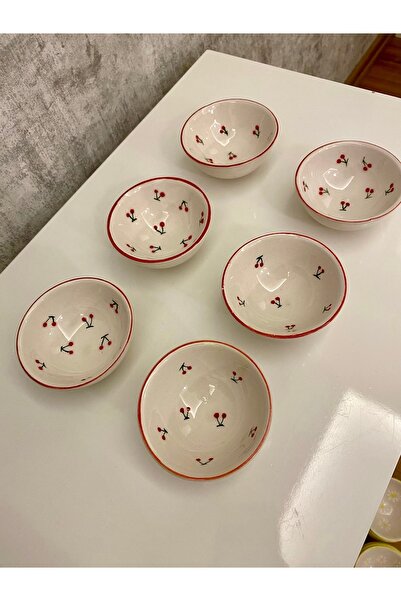 arı çini seramik Set of 6 Handmade Cherry Patterned Snack Bowl, Sauce Bowl, Jam Bowl