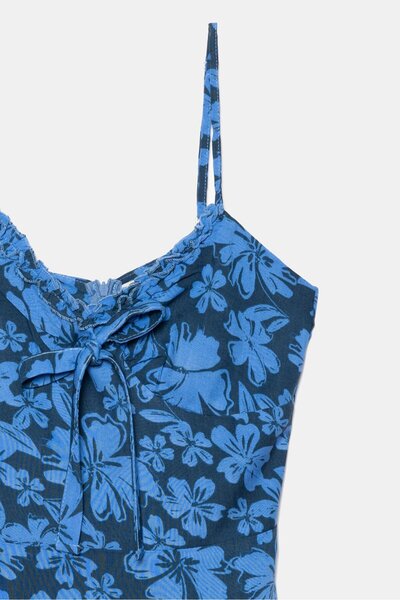 Saade Rochie mini țesută în linie A, albastră, cu detaliu de legare - viscoză