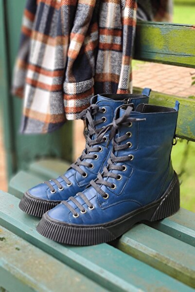 İNZE AYAKKABI Navy Blue Genuine Leather Boots-Model Name: New York