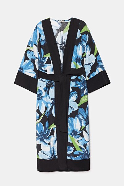 Saade Kimono maxi țesut cu curea, cu model oversize, albastru - cu detalii Garni