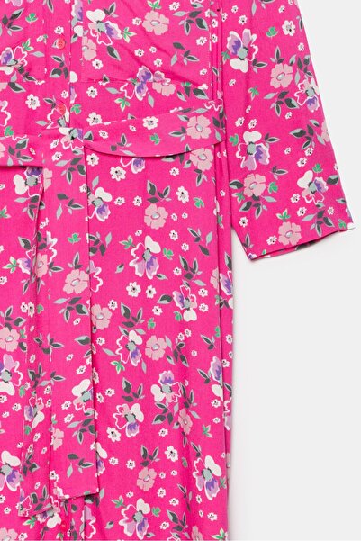 Saade Pembe Oversize Cep Detaylı Gömlek Yaka Kuşaklı Dokuma Elbise - Viskon