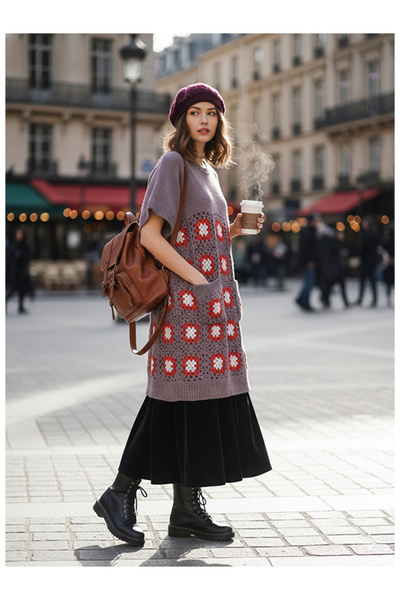 Namaste Vintage Mor renk motifli cepli örgü tunik elbise