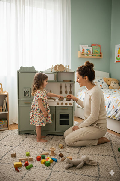 Özka Hobi Ahşap Prenses oyuncak mutfak seti ıhlamur boyalı buzdolablı 14 parç...