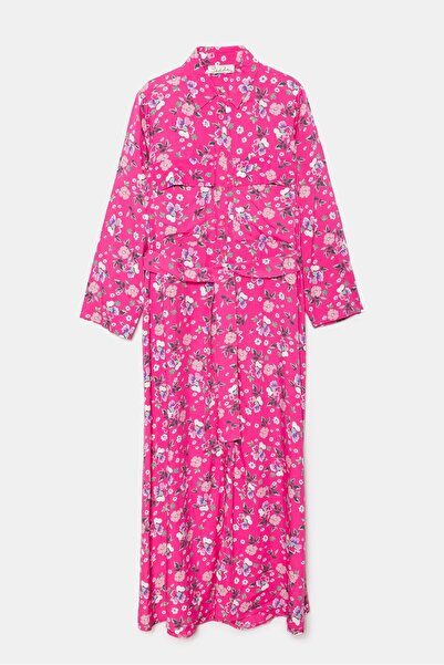 Saade Pembe Oversize Cep Detaylı Gömlek Yaka Kuşaklı Dokuma Elbise - Viskon