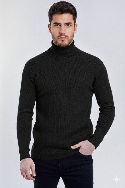 JAKARLI Unisex Black Thick Ribbed Camisole Slim Fit Turtleneck Turtleneck Swe...
