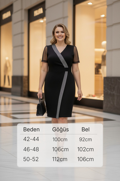 Dilay Boutique Gümüş Şerit Detaylı Kruvaze Kısa Kol Siyah Elbise