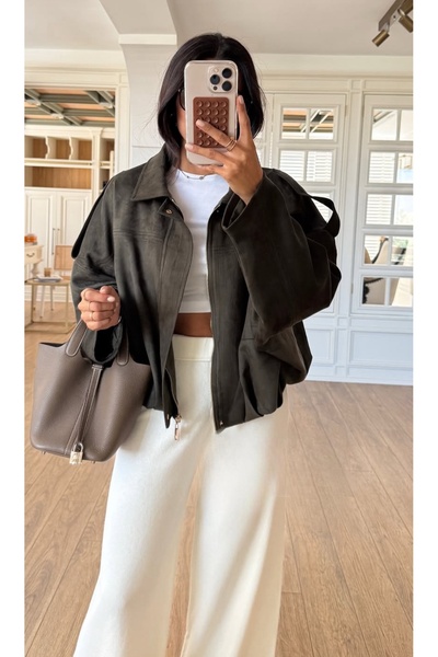 FEMMESTUDIO Jachetă bomber din piele intoarsa pentru femei