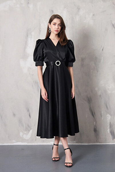 Sheeny Dm LİFE SİYAH kloş etek saten midi boy abiye elbise