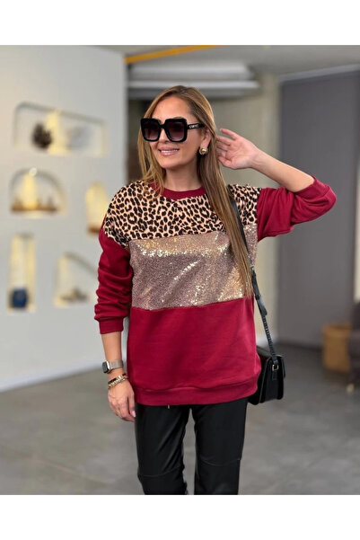 Moda Ebrar Mdb Women's Three-Thread Ribbed Fabric Leopard Print Blouse