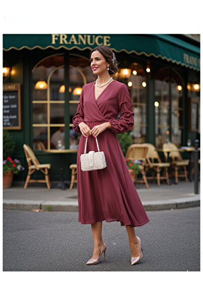 Namaste Vintage Gül kurusu v yakalı drape detaylı şifon elbise (vatkalı)