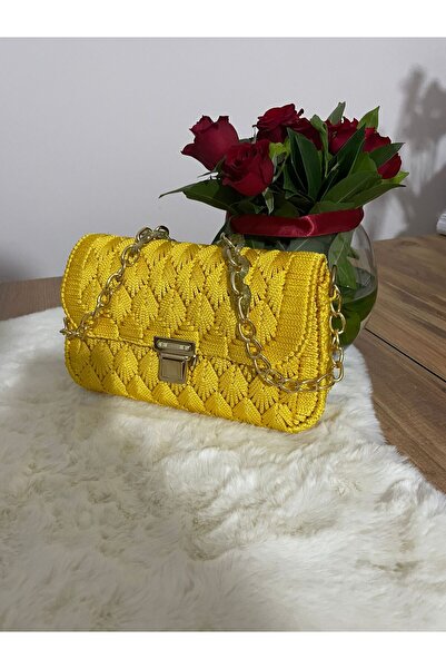 Portanda El Yapımı Makrome & Kanvas Örgü Kadın Omuz ve Abiye Çantası – Sarı