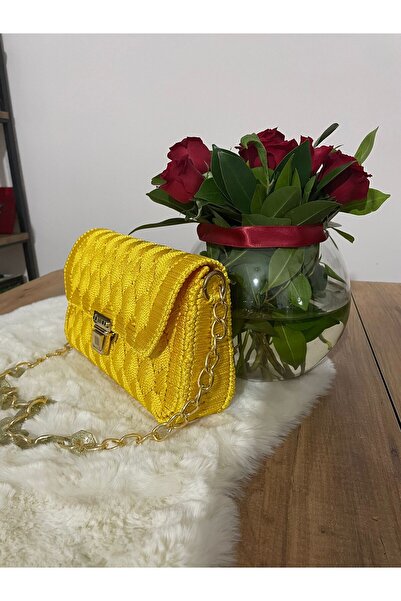 Portanda El Yapımı Makrome & Kanvas Örgü Kadın Omuz ve Abiye Çantası – Sarı