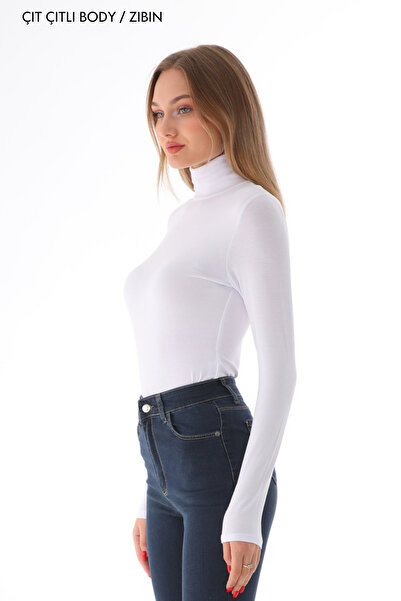 penyebizden Women's Viscose Full Turtleneck Bodysuit with Snap Fasteners - White