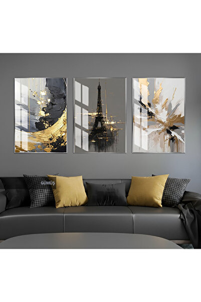 tablo köşkü Paris Glow (Paris Işıltısı) Çerçeveli Temperli Cam Tablo - 3'lü D...