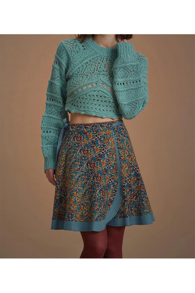 Namaste Vintage Turkuaz renk etnik desenli anvelop kısa etek