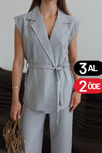 Balenbi Women's Belted Vest Palazzo Linen Suit 1097