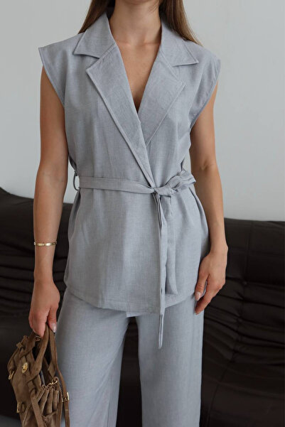 Balenbi Women's Belted Vest Palazzo Linen Suit 1097