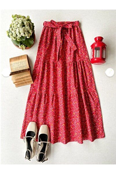 Namaste Vintage Long Skirt with Belt with Color Flower Pattern of Pomegranate (100% Cotton)