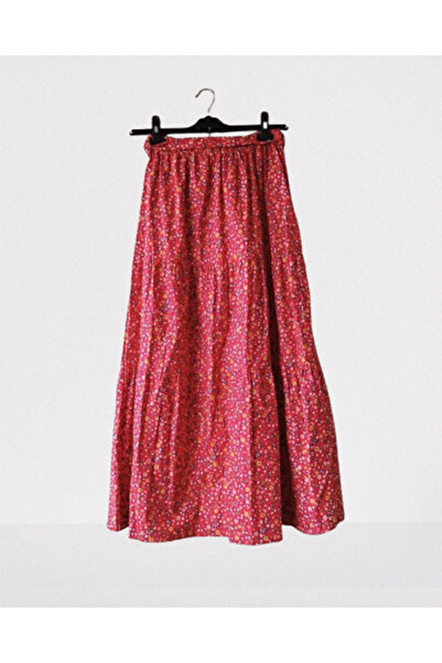 Namaste Vintage Long Skirt with Belt with Color Flower Pattern of Pomegranate (100% Cotton)