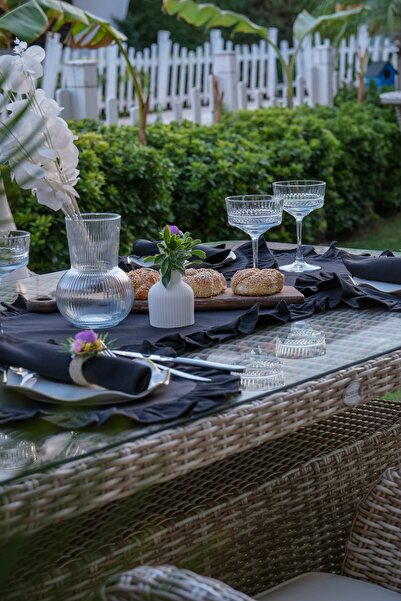 Konyaaltı Çeyizevi Dertsiz Leke Tutmaz Keten Fırfırlı Runner  45 x 150 cm Siyah