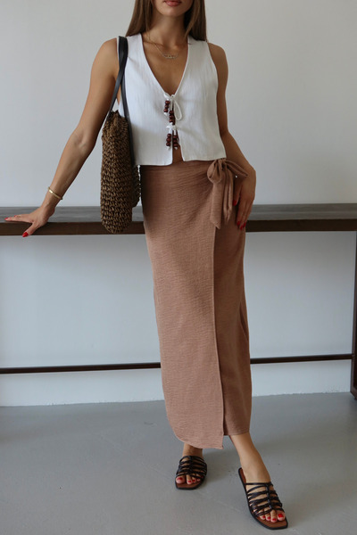 Mogi Butik Women's Waist Tie Linen Blended Woven Skirt 3091