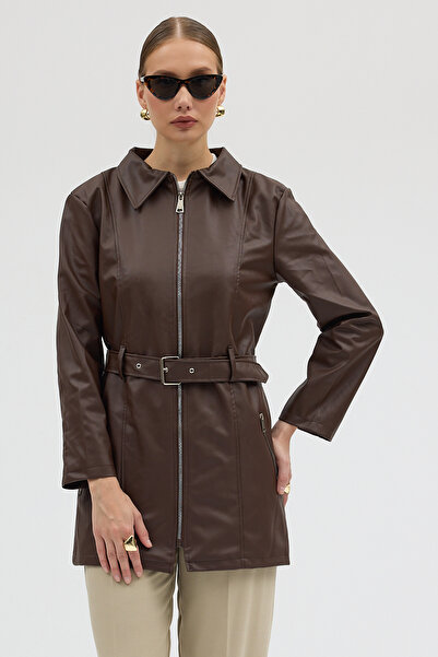 Jaglion Дамско черно дълго кожено яке