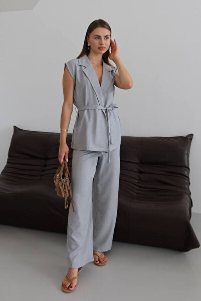 Balenbi Women's Belted Vest Palazzo Linen Suit 1097