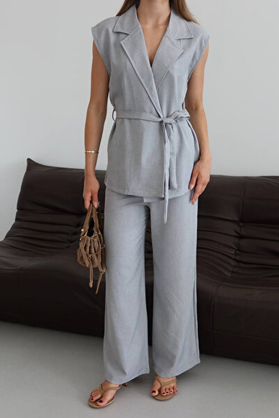 Mogi Butik Women's Belted Vest Palazzo Linen Suit 3080