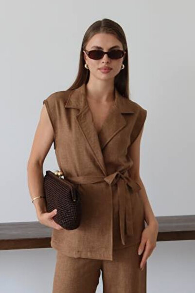 Balenbi Women's Belted Vest Palazzo Linen Suit 1097