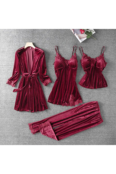 moda4b Kadife Dantelli Dörtlü Gecelik Sabahlık Takımı 44444 Bordo
