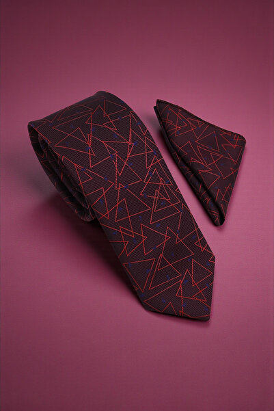 Milleniva Geometric Pattern Burgundy Tie & Handkerchief