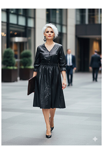 Namaste Vintage Siyah v yakalı beli büzgülü midi boy deri elbise