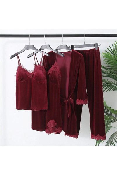 moda4b Velvet Lace Four-Piece Nightgown Dressing Gown Set 44444 Claret Red