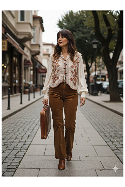 Namaste Vintage Krem renk nakışlı vintage örme yelek (S/M)