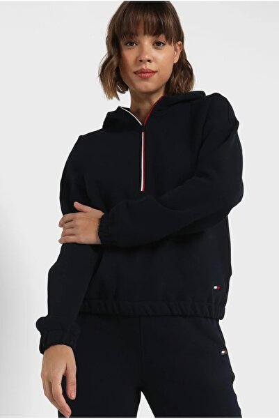 Tommy Hilfiger fermuarlı bayrak şeritli spor crop sweatshirt