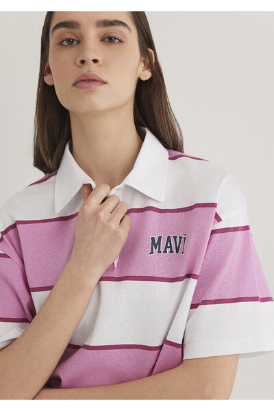 Mavi Logo Printed Pink Striped Polo T-Shirt Standard 1613005 -89359