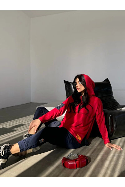 INFİVENTO Mdb Women's Red Hooded Skirt with Hem Detail, Arma Reverse Stitching Appearance, Two-Piece Set