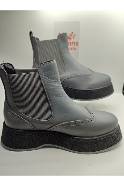 NEWGÜLTEKİN HAKİKİ DERİ GRİ PLATFORM CHELSEA KADIN BOT ŞIK VE RAHAT TASARIM