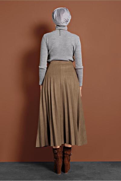 TRENDTESETTÜR Women's Beige Cotton Pleated Suede Skirt 1694