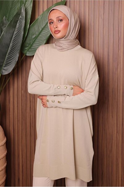 TRENDTESETTÜR Women's Ecru Button-Detail Tricot Tunic t 5007