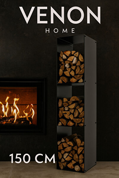 VENON 150 Cm KARE Cm Metal Şömine Odunluk, Siyah Dekoratif Soba Yanı Ev Odunl...