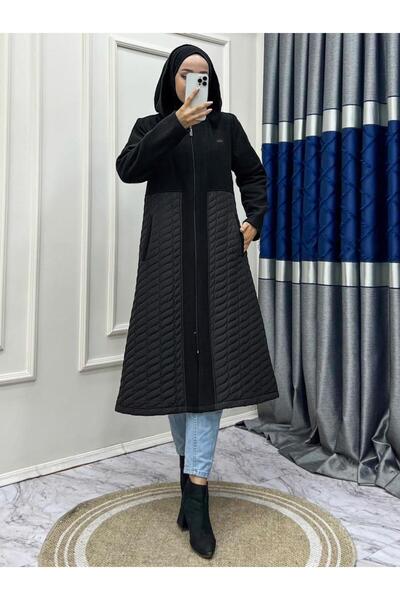 TRENDTESETTÜR Women's Black Hooded Zippered Coat with Pockets T 0628