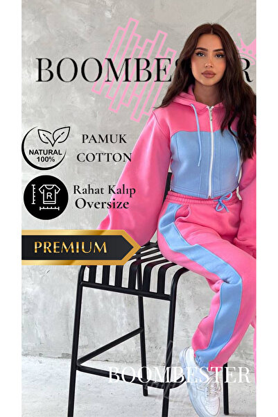 BoomBester Kadın Üç iplik %100 Pamuk Oversize Eşofman Takımı - Şardonlu Korse ve Şerit Detaylı Rahat Kesim