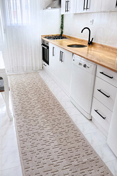 Cool Halı Mirage Bej Kilim Yolluk Kaymaz Taban Mutfak Yolluğu Çizgili Bukle Dokuma Yıkanabilir Koridor Halısı