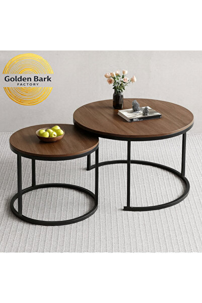 Golden Bark Double round nesting coffee table with modern design made of wood and black metal frame