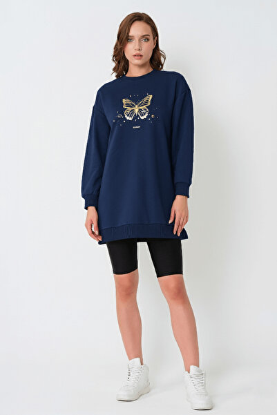 Avones Tunică damă oversize cu 2 fire cu imprimeu fluture albastru bleumarin