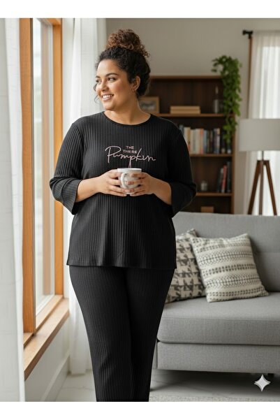 FAMES PİJAMA Women's Black Plus Size Pajama Set