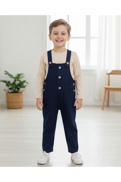 Ege Bebek Boy 3-4-5-6-7 Years Old Linen Salopet Jumpsuit and Underwear Badasi