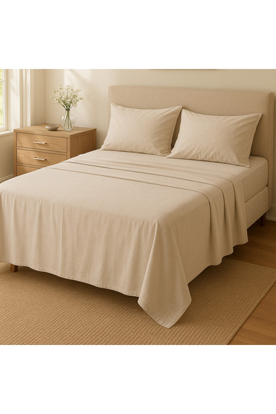vippazar ملاءة سرير مزدوجة بدون مطاط بلون بيج 100% قطن و2 كيس وسادة